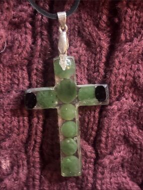 Green jade & black onyx Cross Pendant Necklace -Handmade